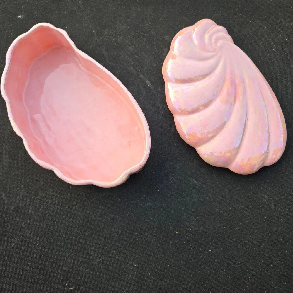 Vintage Pink Iridescent Mermaidcore Seashell Trinket Vanity Box Tray Glaze Shell